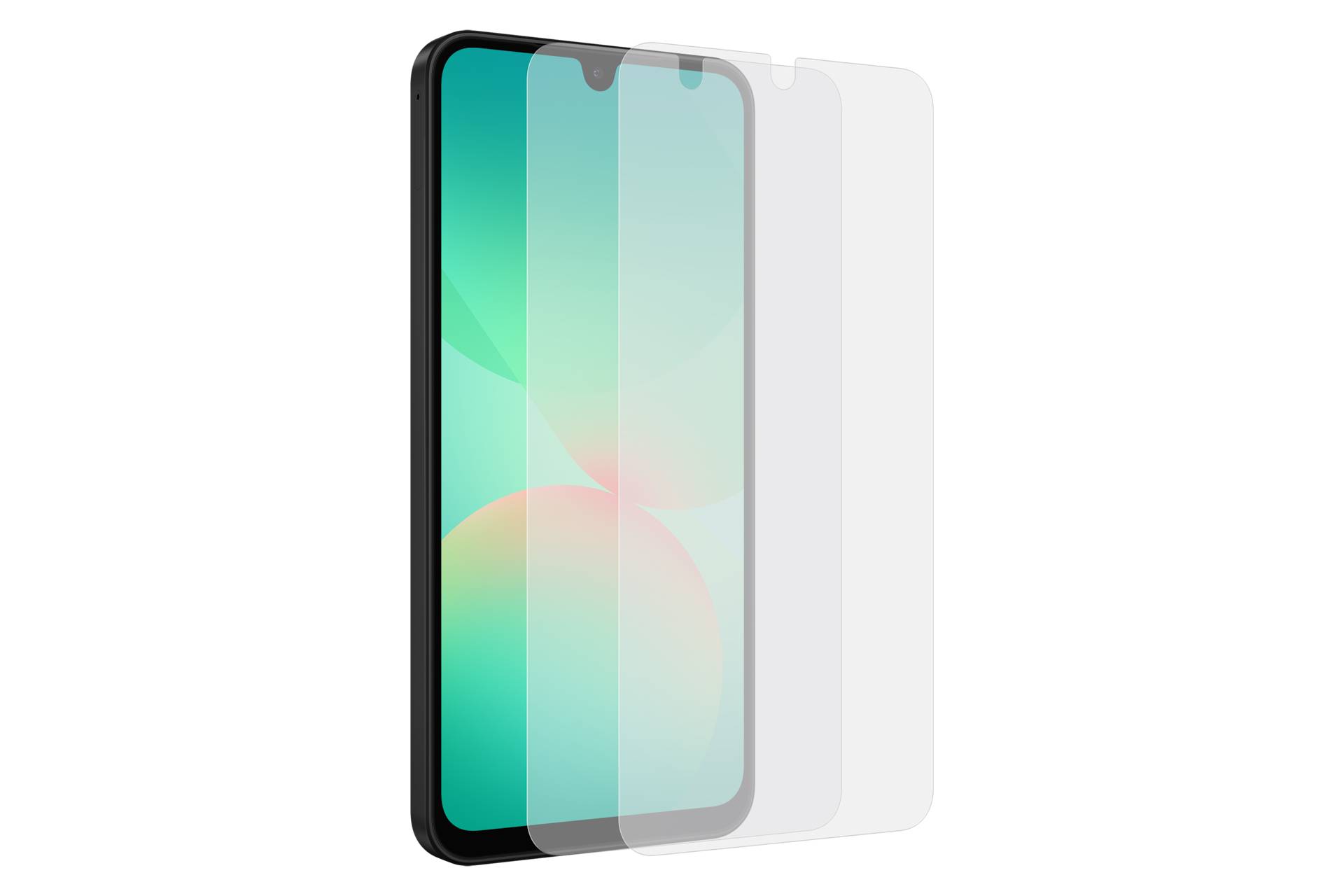 Explodierte Ansicht von Smartphone-Frontglas- und Bildschirmschichten, die gestapelte transparente Schutzpaneele über einem Telefondisplay zeigen.