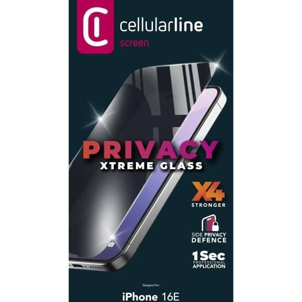 Cellularline Displayschutz-Glasfolie für iPhone 16E mit Privatsphäre, bezeichnet als „Privacy Xtreme Glass