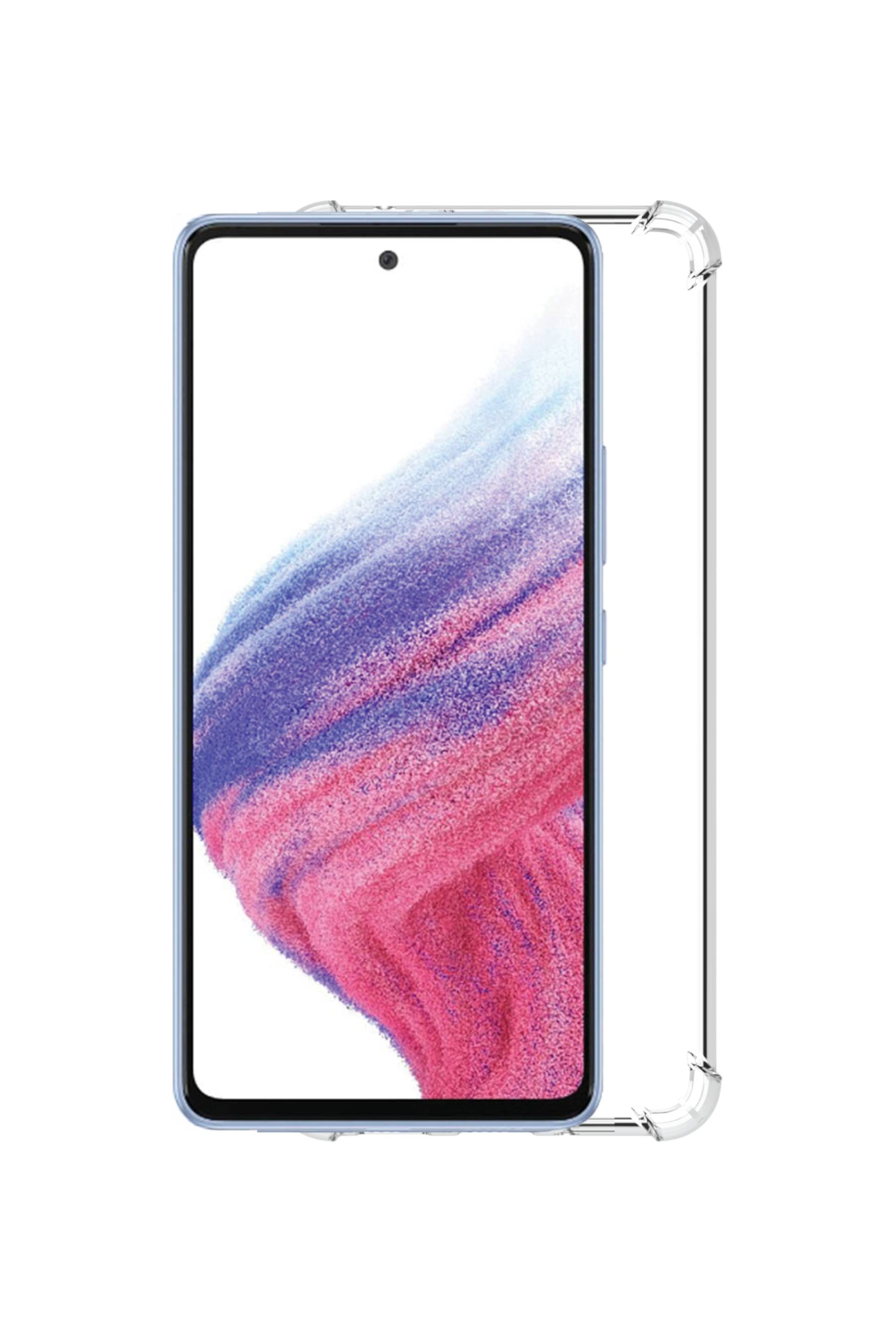 Vorderansicht eines Smartphones mit einem farbenfrohen abstrakten Hintergrundbild, dargestellt in einer transparenten Schutzhülle vor schwarzem Hintergrund.