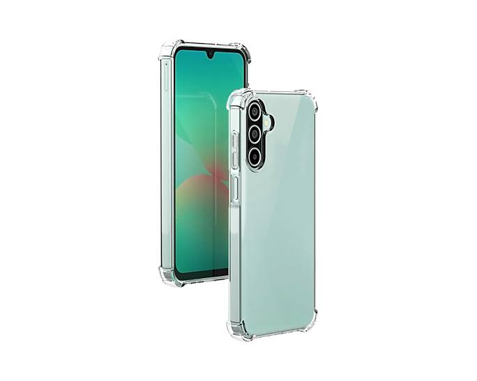 Zwei durchsichtige Schutzvorrichtungen für Smartphones, von vorne und von hinten auf schwarzem Hintergrund dargestellt, eine davon an einem Telefon mit grünem Bildschirm angebracht.
