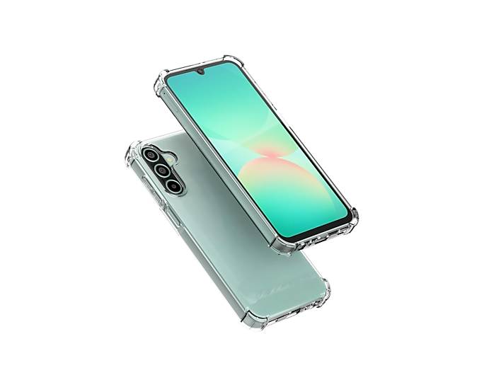 Zwei Smartphones von vorne und hinten gezeigt, jeweils in einer transparenten Schutzhülle auf schwarzem Hintergrund.