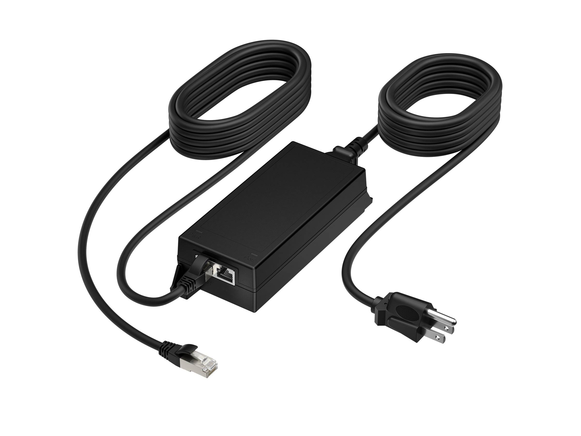 Ein schwarzer Netzteiladapter mit zwei Kabeln, der an einem Ende einen Netzstecker und am anderen Ende einen Ethernet-Anschluss aufweist.