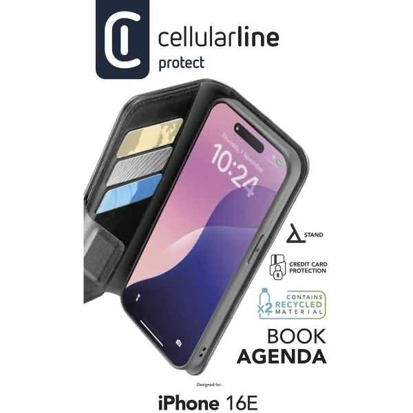 Cellularline Protect Handy-Brieftaschenetui für iPhone 16E, mit Kartensteckplätzen, Ständer und Etikett aus recyceltem Material; Stil „Book Agenda