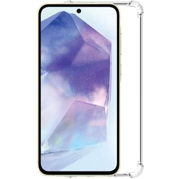 Smartphone mit einer transparenten Schutzhülle von vorne und von der Seite gezeigt, auf dem Display ein violettes geometrisches Hintergrundbild.