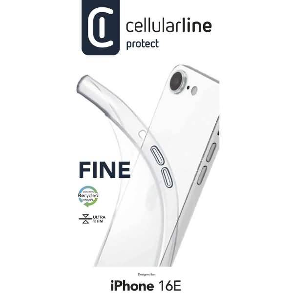 Werbebild für Cellularline Protect 'FINE' ultradünne Handyhülle aus recyceltem Material für iPhone 16E, zeigt eine transparente Hülle auf einem weißen Telefon.