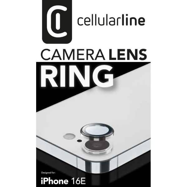 Cellularline Kameraobjektiv-Ring für iPhone 16E, dargestellt als Schutz-Kameraobjektiv-Ring-Zubehör an einer Telefonecke.