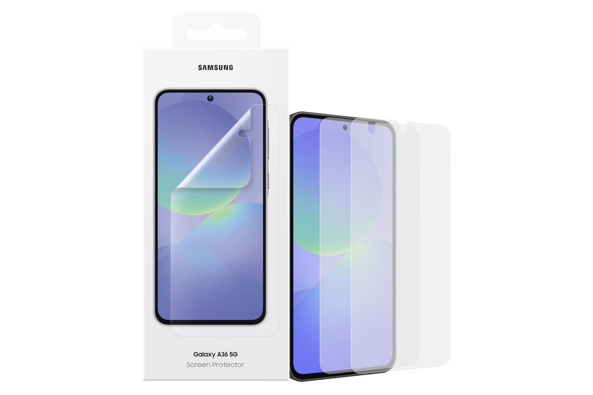 Samsung Galaxy A36 5G Displayschutzfolie Paket mit drei klaren Schutzfolien neben der Schachtel