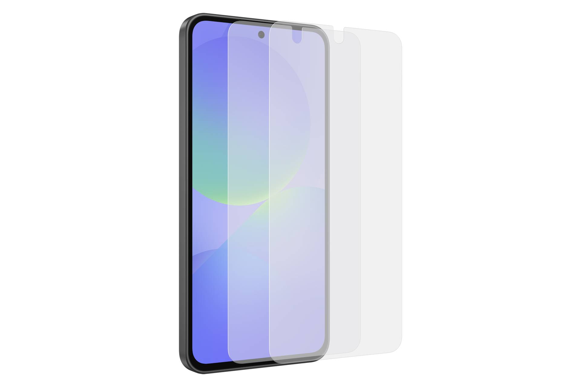 Drei sich überlappende Smartphone-Bildschirme, die in Winkeln angezeigt werden und ein pastellblaues bis violettes Farbverlauf-Hintergrundbild auf schwarzem Hintergrund anzeigen.
