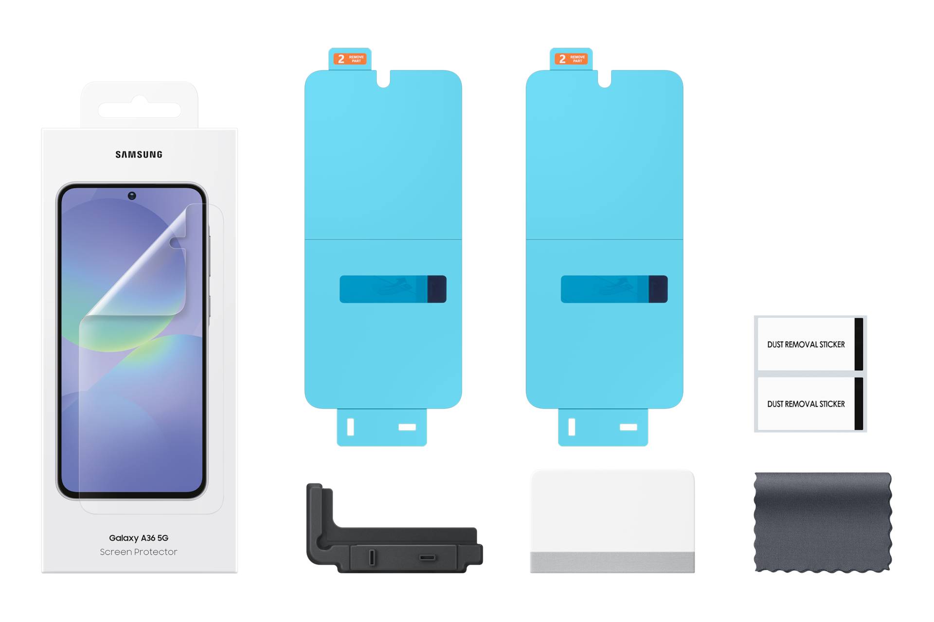 Samsung Galaxy A50 Displayschutzfolien-Set mit zwei blauen Ausrichtungsschablonen, einer Telefonhalterung, Tüchern und einem Staubentferner-Aufkleber-Set.
