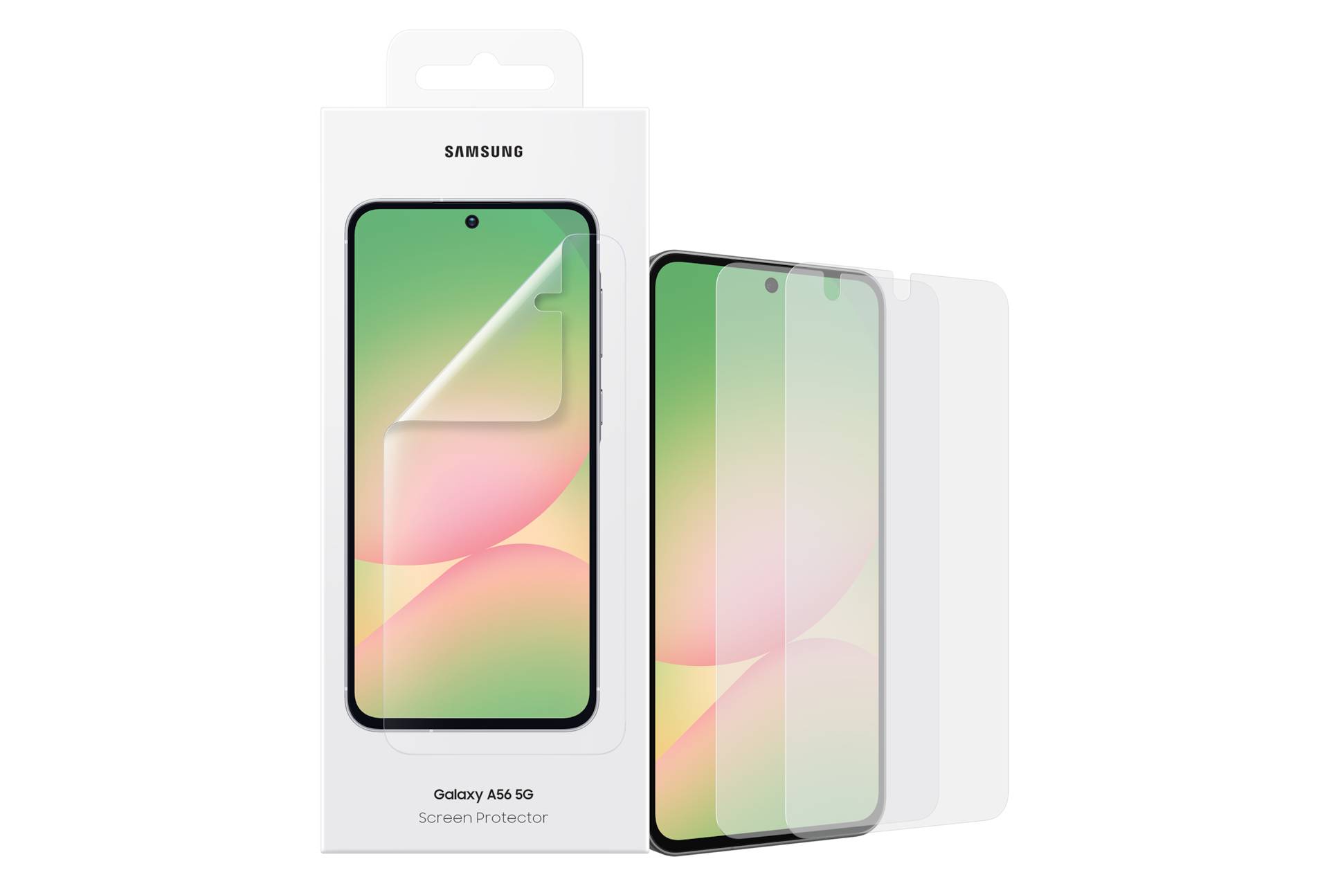 Samsung Galaxy A56 5G Displayschutzfolie-Verpackung neben drei transparenten Hartglasschutzfolien, eine an eine Telefondisplay ausgerichtet.