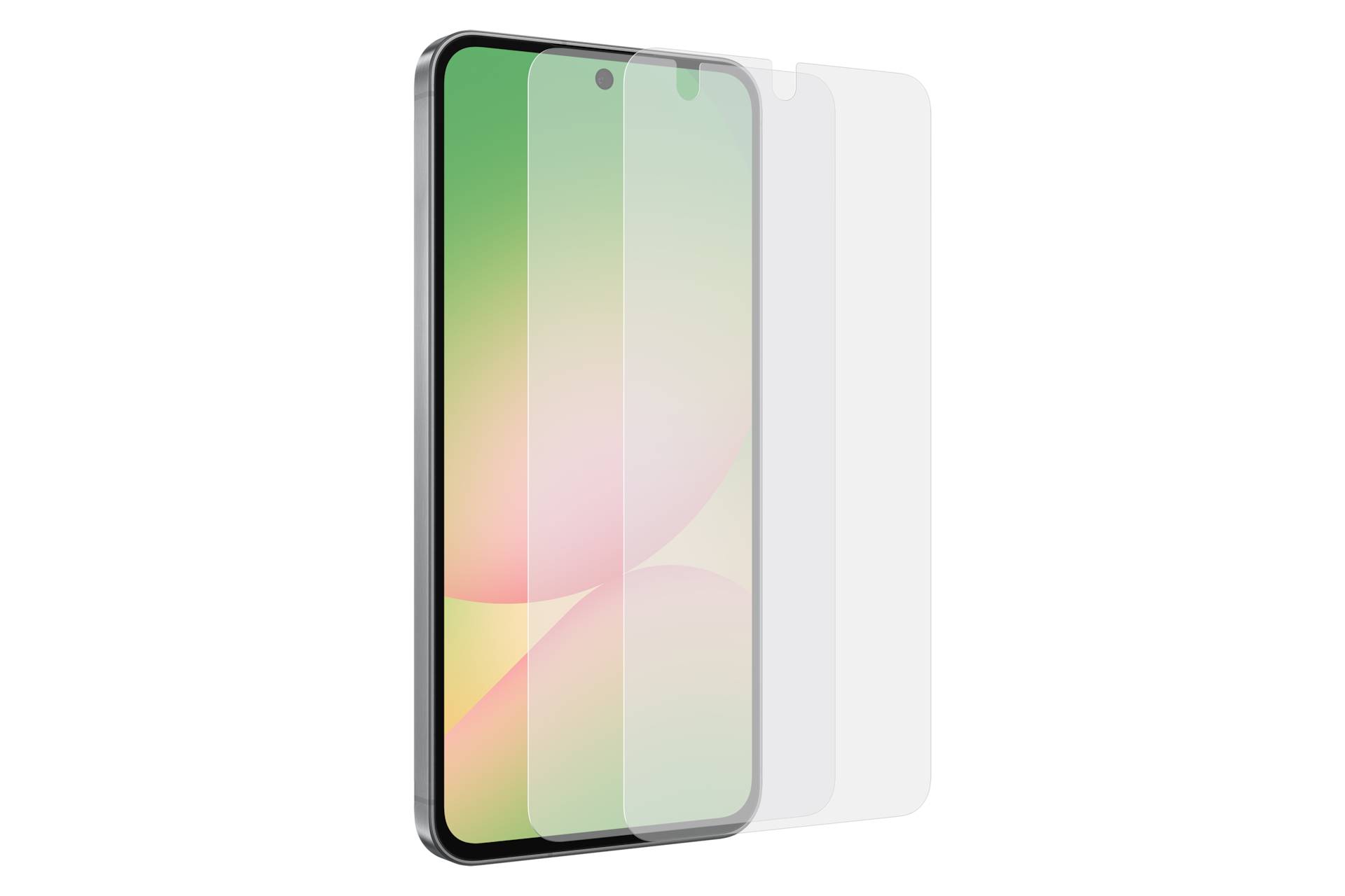 Drei Smartphone-Displayschutzfolien übereinander auf einem Telefondisplay angebracht, die eine mehrschichtige Schutzfolie oder gehärtete Glasanordnung zeigen.