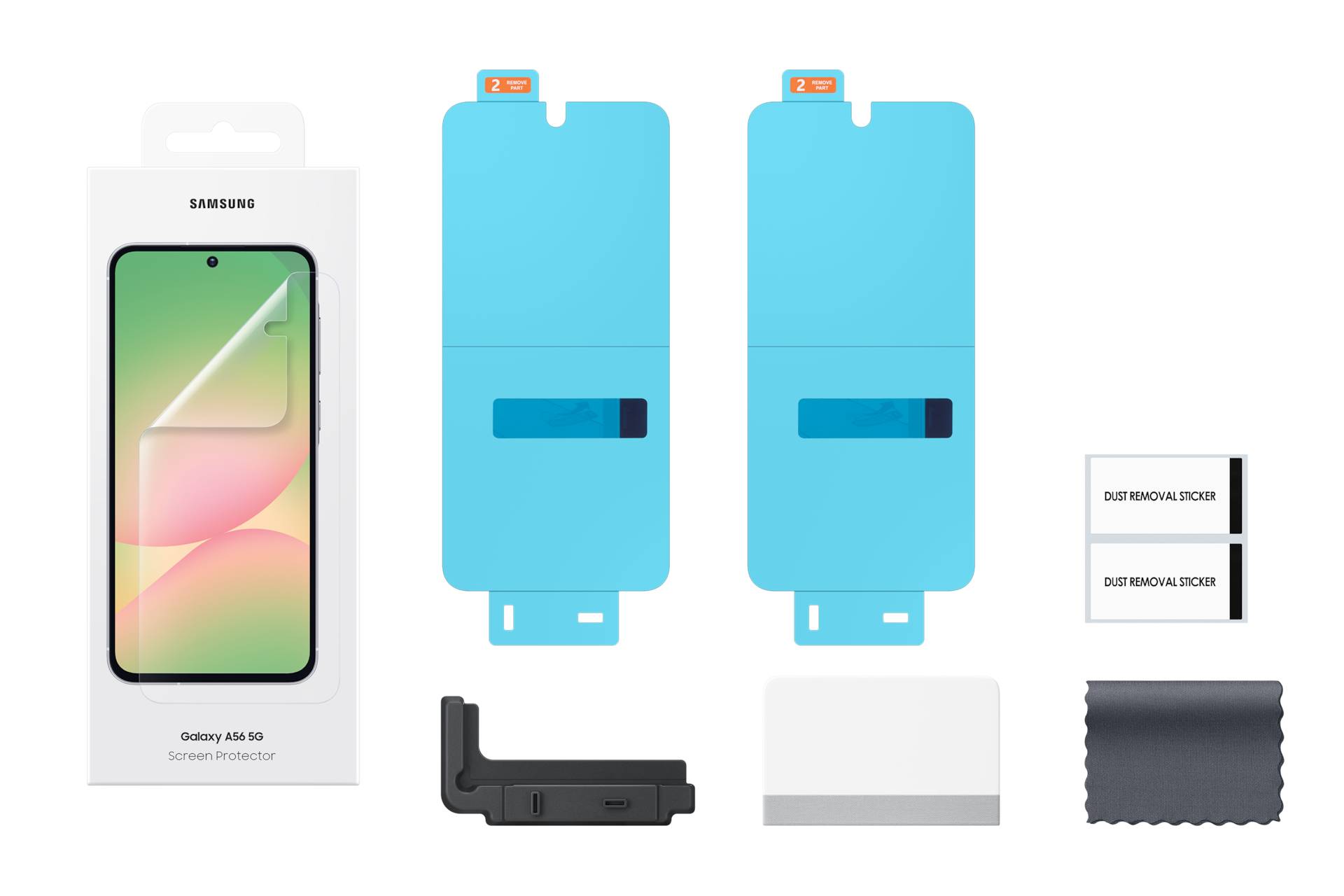 Samsung Galaxy A55 5G Displayschutzfolien-Set mit Telefonverpackung, zwei blauen Schutzfolien, Staubentfernungstüchern, Applikator-Werkzeug und Reinigungstuch auf schwarzem Hintergrund