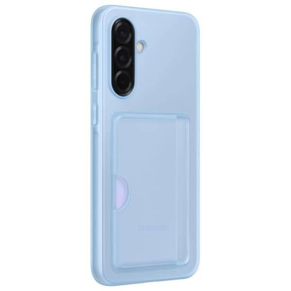 Hellblaue Smartphone-Hülle von hinten gezeigt, mit einer dreifachen Ausschnitt für die hintere Kamera und einer durchsichtigen Kartentasche auf der Hülle.