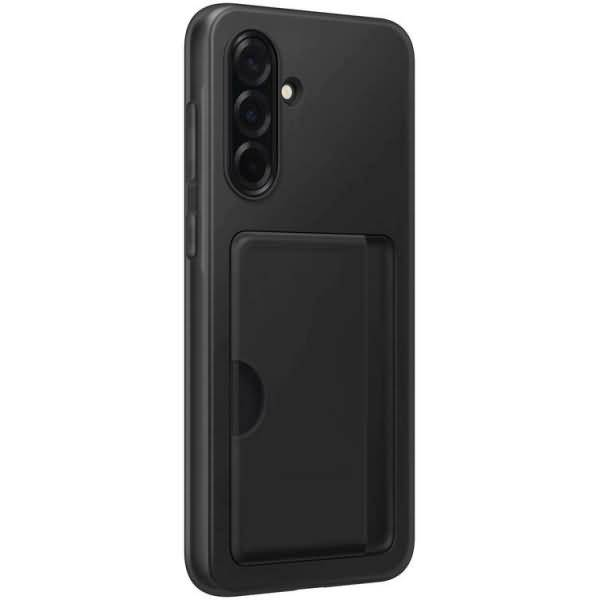 Schwarze Smartphone-Schutzhülle mit integriertem Kartenhalter auf der Rückseite, von hinten gezeigt mit vertikalem Kameraausschnitt.