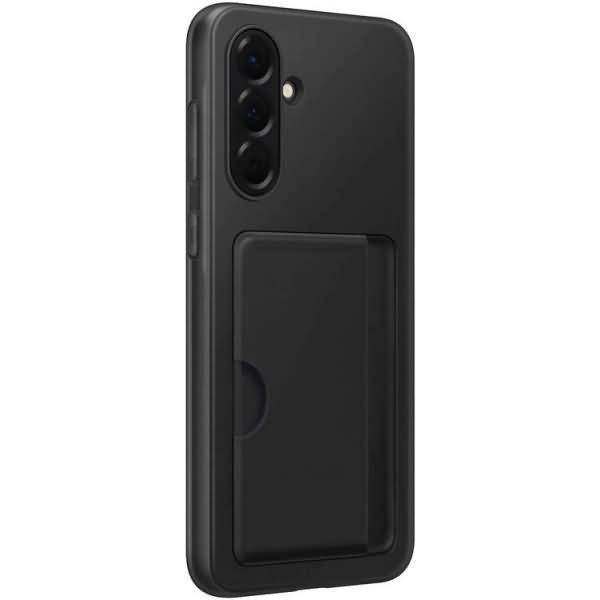 Schwarze Smartphone-Hülle mit integriertem Kartenfach auf der Rückseite und Aussparung für die dreifache Kamera.