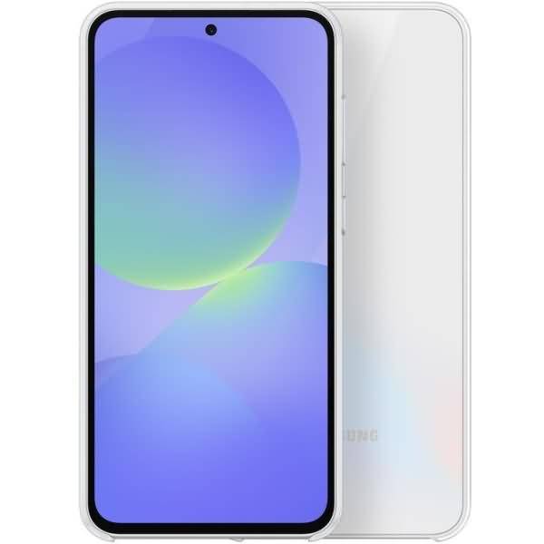 Vorder- und Rückansicht eines weißen Samsung-Smartphones mit zentriertem Loch-Display und pastellblauer-violetter Hintergrundbild.