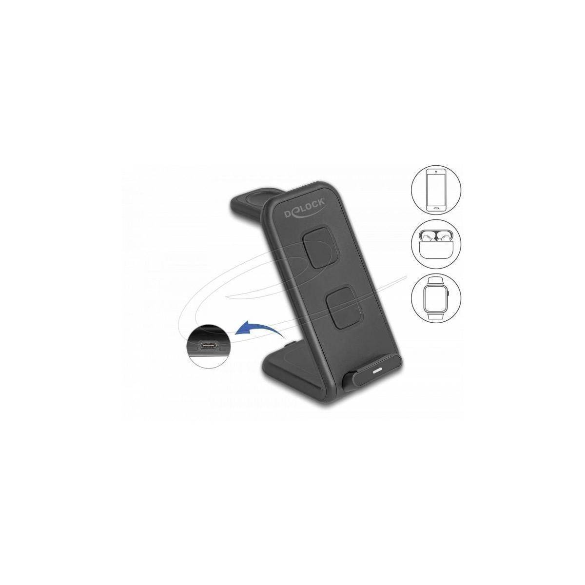 Smartphoneständer mit verstellbarem Winkel und Ladeanschluss an der Basis, dargestellt mit Symbolen für Smartphone- und Kopfhörerkompatibilität.