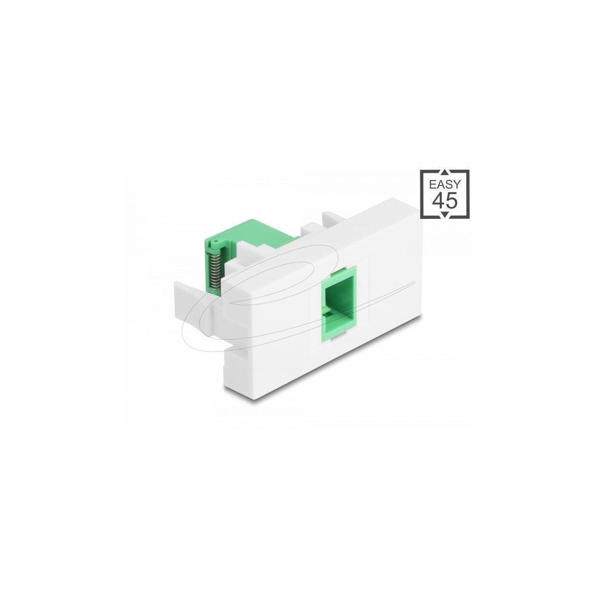 Weißer und grüner modularer Steckverbinder der Marke 'Easy 45', geeignet für Netzwerkkabelungssysteme, isoliert auf einem weißen Hintergrund dargestellt.