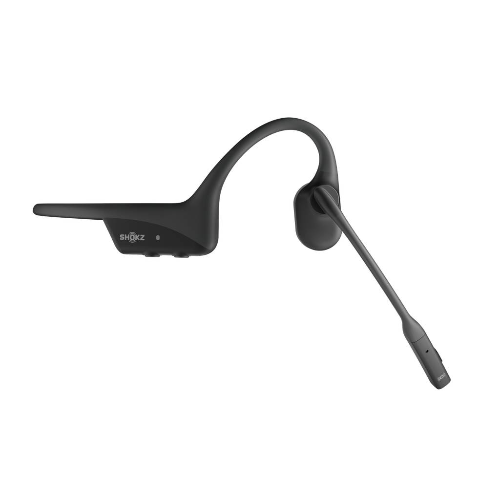 Schwarzes Knochenleitungs-Headset mit Ohrschlaufe und Boom-Mikrofon auf einfachem schwarzem Hintergrund.