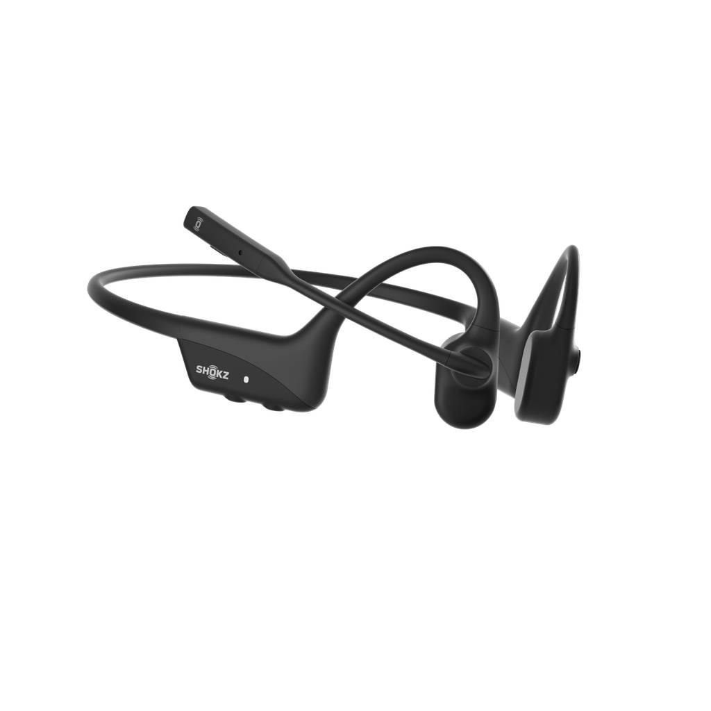 Schwarze Shokz Open-Ear-Kopfhörer mit Knochenschall auf schwarzem Hintergrund dargestellt.