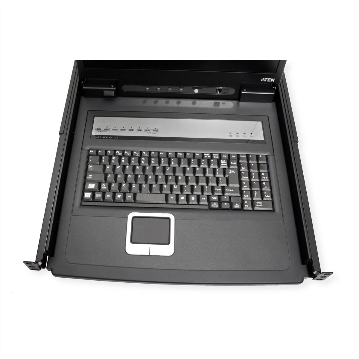 Eine schwarze Server-Rack-Konsole mit Tastatur und Touchpad, untergebracht in einer ausziehbaren Schublade, konzipiert zur Verwaltung von Netzwerkgeräten.