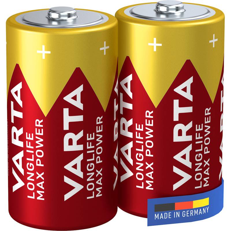 Zwei Varta Longlife Max Power Batterien mit rot-goldenem Verpackungsdesign, gekennzeichnet mit „Made in Germany