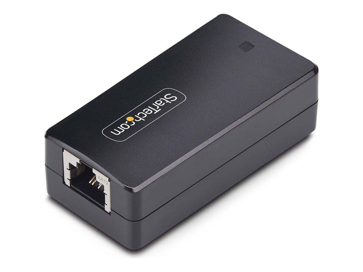 Black StarTech.com Inline-Ethernet-Adapter mit RJ45-Anschluss, shown on a white background.