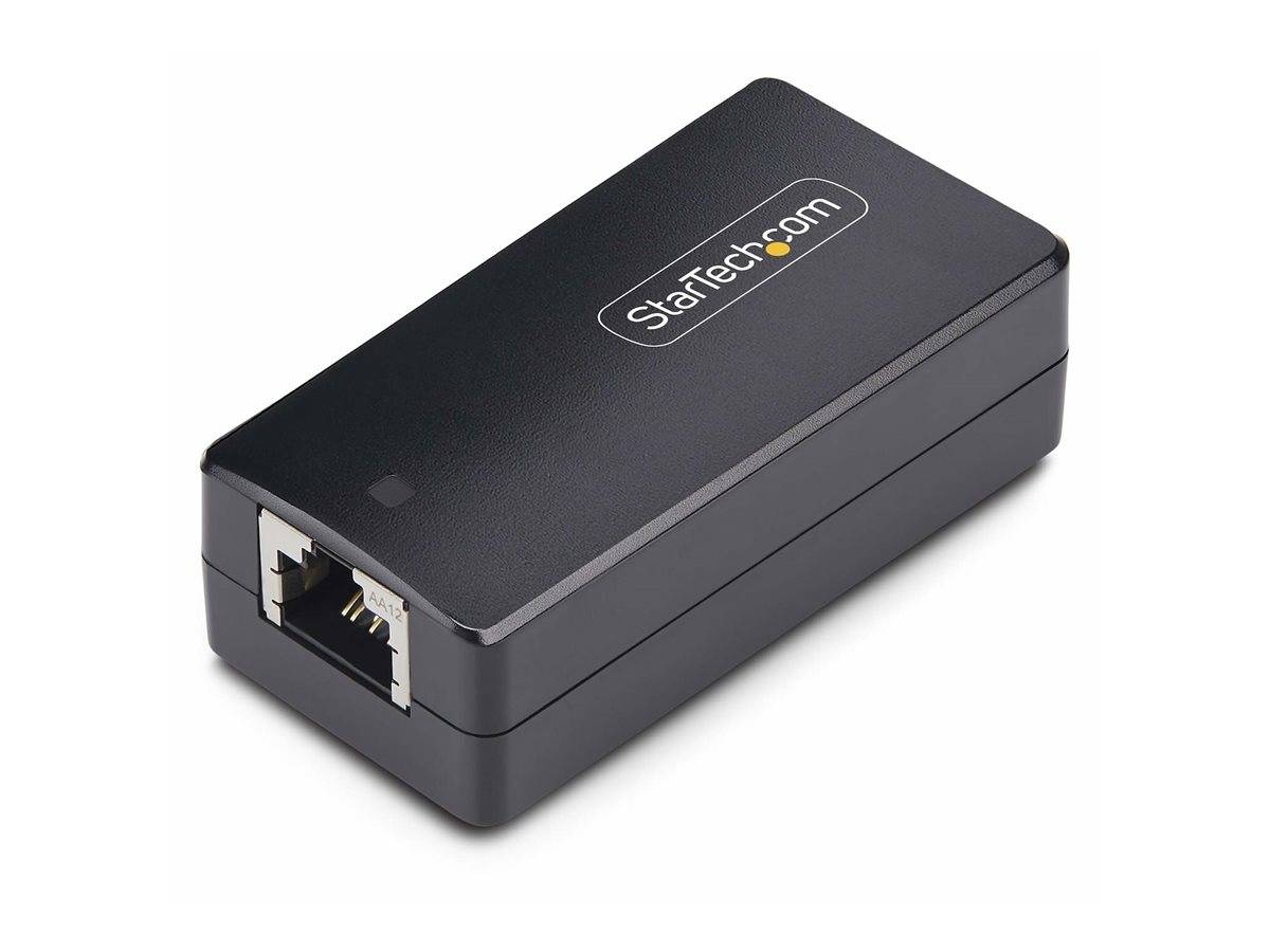 Ein schwarzer, rechteckiger StarTech Netzadapter mit einem einzelnen Ethernet-Anschluss an einem Ende, der zum Verbinden oder Stromversorgen von Netzwerkgeräten verwendet wird.