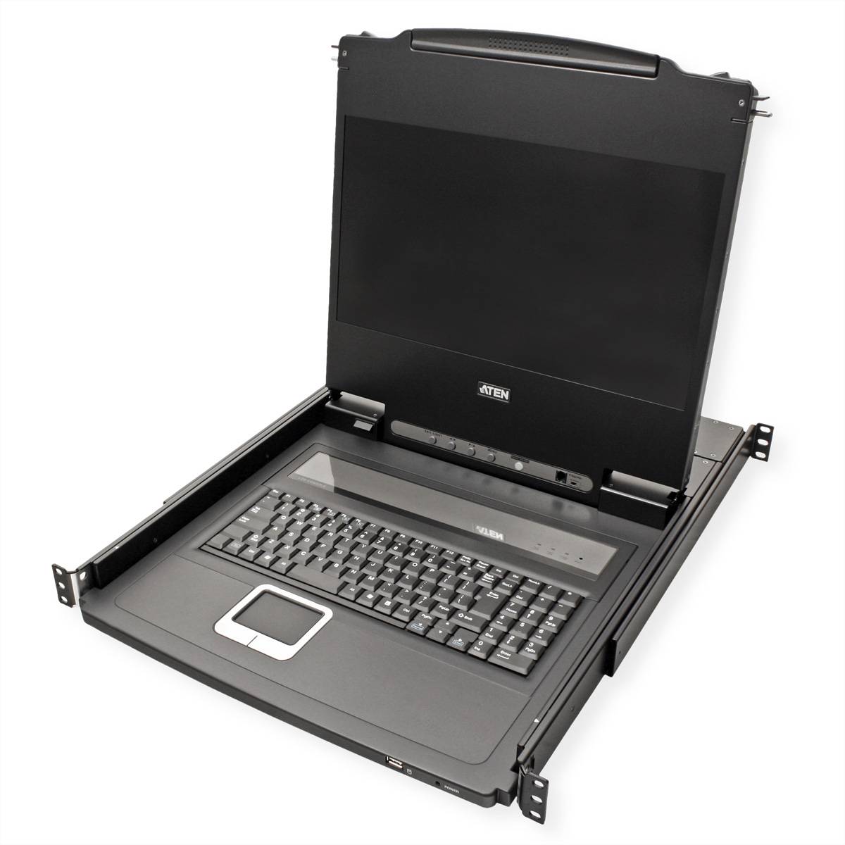 Eine rack-montierbare Konsole mit integriertem Monitor, Tastatur und Touchpad, entwickelt für die Serververwaltung in Rechenzentren.