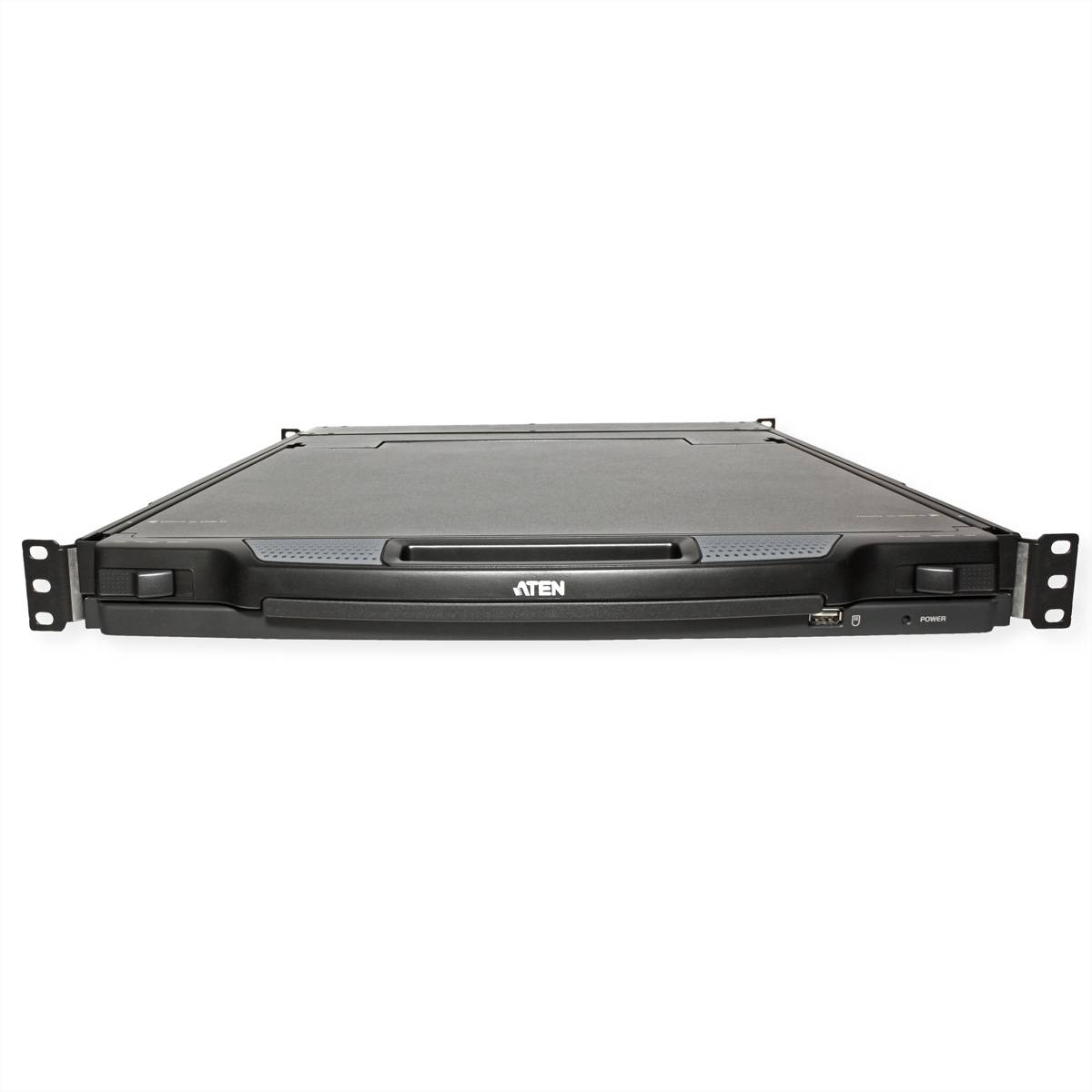 Aten 1U KVM-Schalter mit Frontansicht, die Anschlüsse und Steuerelemente zeigt. Wird zur Verwaltung mehrerer Computer von einer einzigen Tastatur, einem Videomonitor und einer Maus aus verwendet.