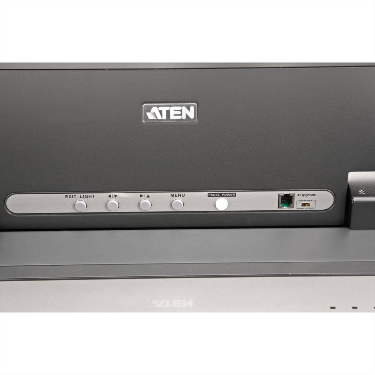 Vorderansicht eines ATEN-Geräts mit Navigationstasten und Anschlüssen, einschließlich 