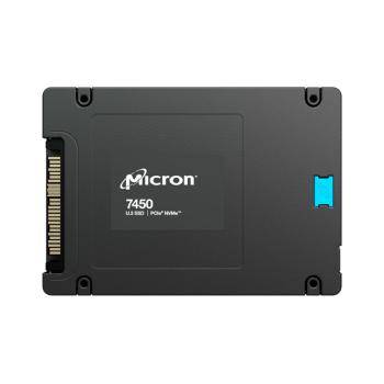 Schwarze Solid-State-Festplatte mit 'Micron'-Logo, gekennzeichnet als '7450 NVMe M.2', mit Hervorhebung der Speichertechnologie.