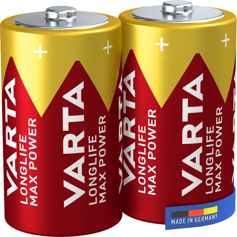 Zwei VARTA Longlife Max Power Batterien, rot und gold, nebeneinander mit einem 