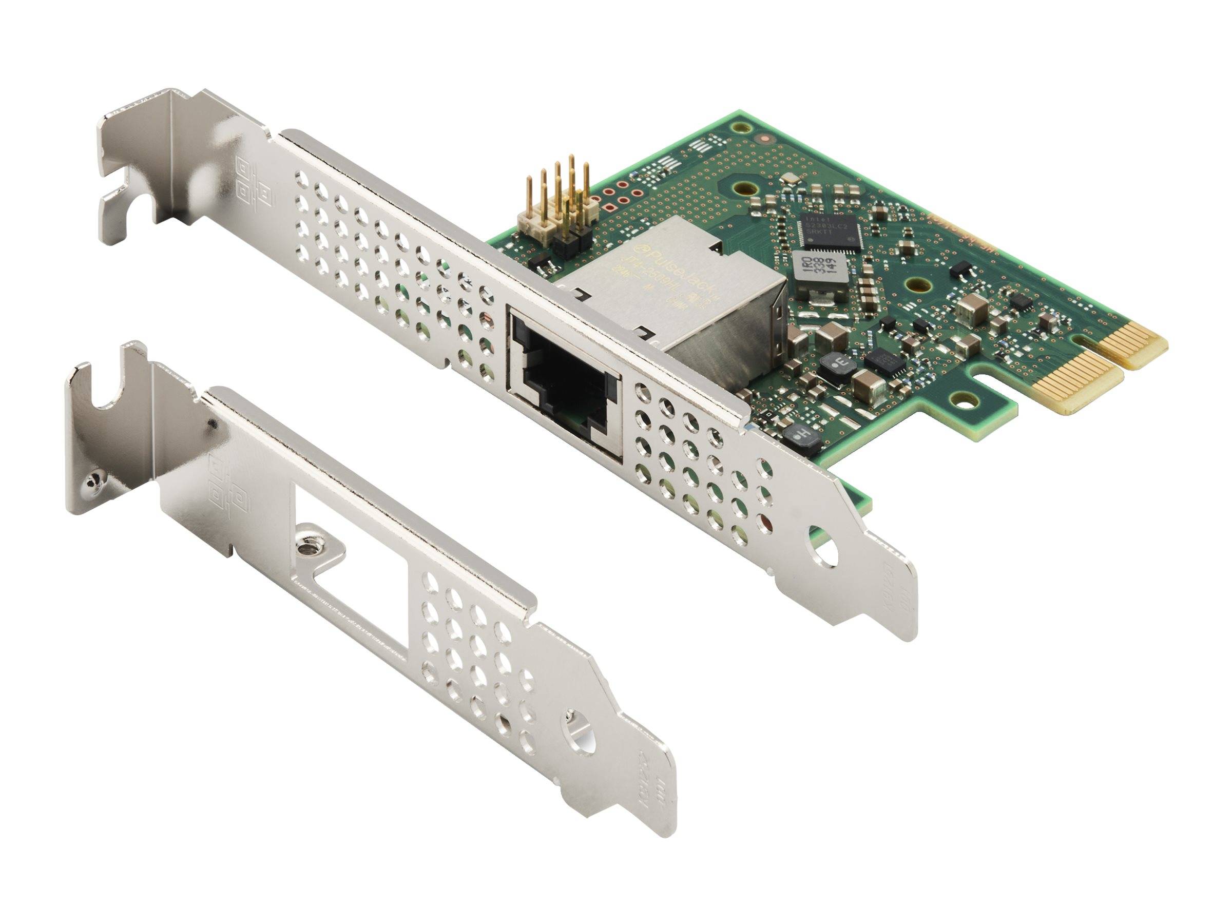 Eine Computernetzwerkschnittstellenkarte mit einem Ethernet-Anschluss und sichtbaren Schaltungskomponenten, zusammen mit einer silbernen Halterung, auf weißem Hintergrund.