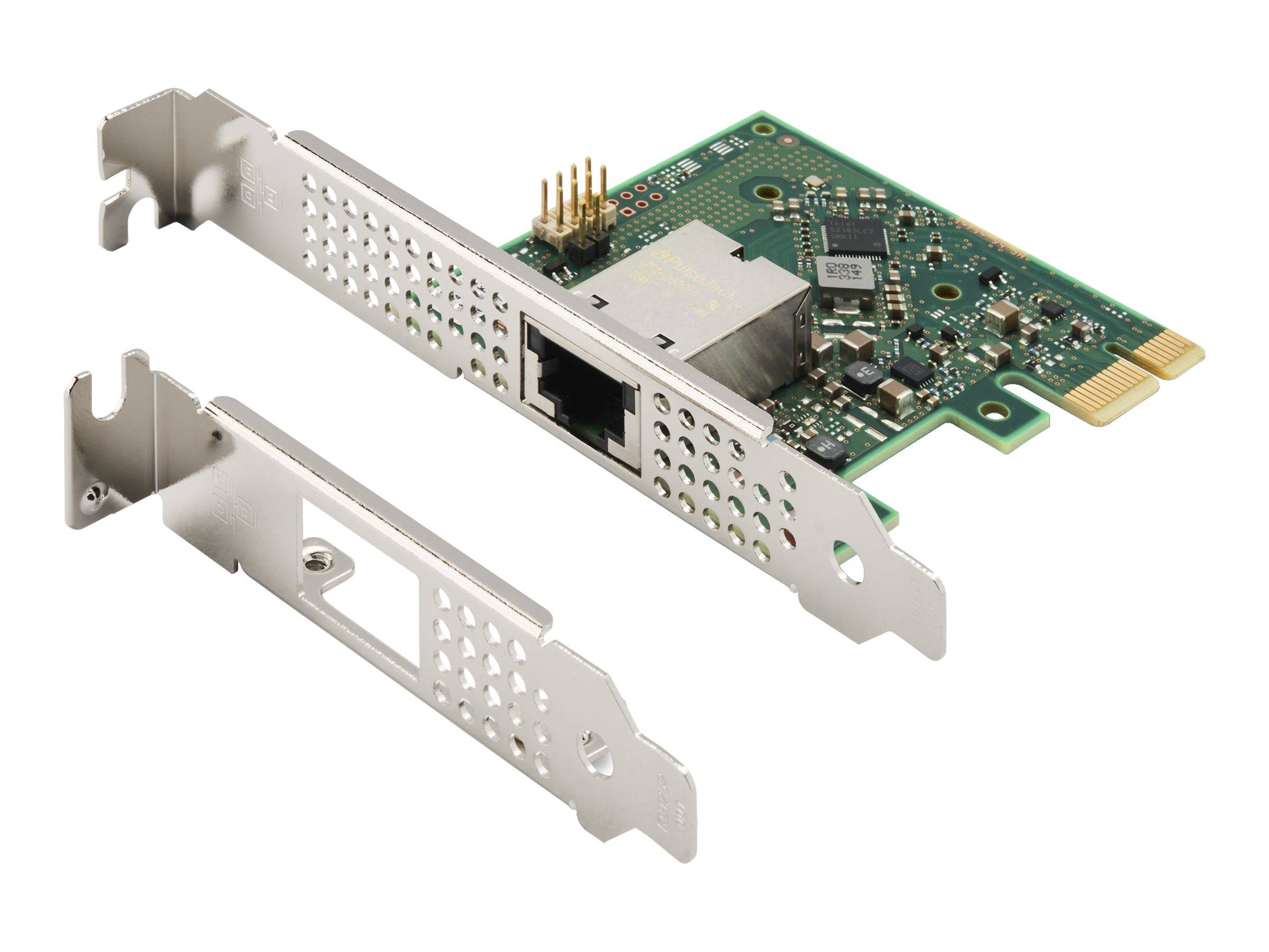 Eine Nahaufnahme einer Netzwerkschnittstellenkarte (NIC), die ihren Ethernet-Anschluss und die Leiterplatte zeigt. Die Karte ist von ihrer Metallhalterung getrennt.