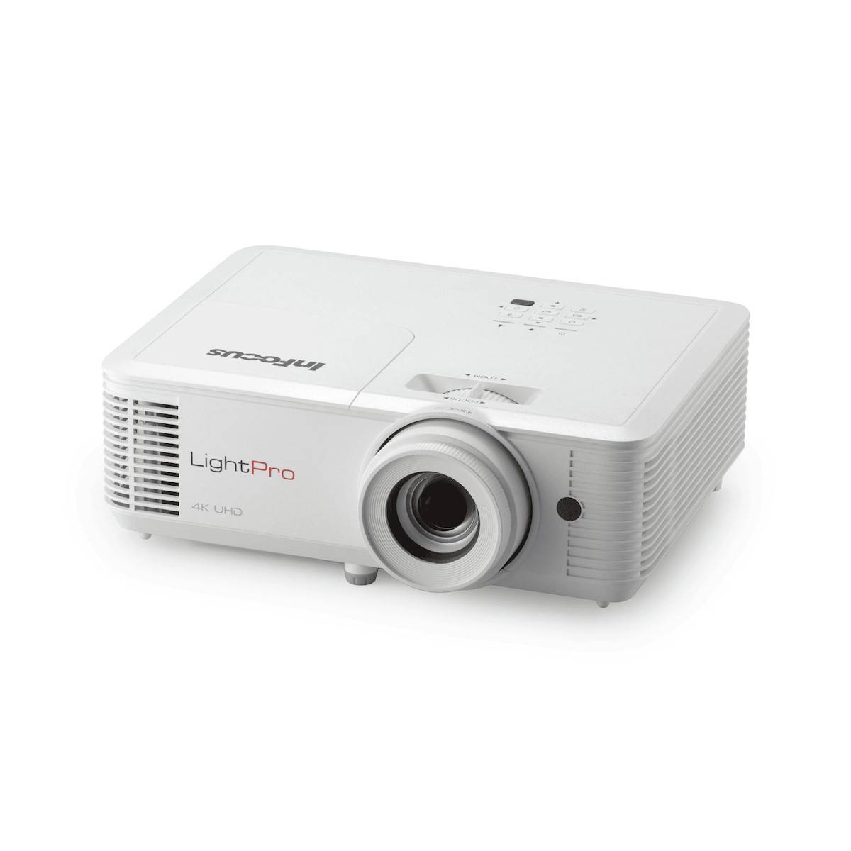 Ein weißer Projektor mit der Aufschrift „LightPro 4K UHD