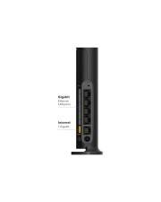 Rückansicht eines schwarzen Netzwerk-Modems/Routers mit vier Gigabit-Ethernet-Anschlüssen und einem Koaxialkabeleingang, mit Beschriftungen für Gigabit Ethernet und Internet.