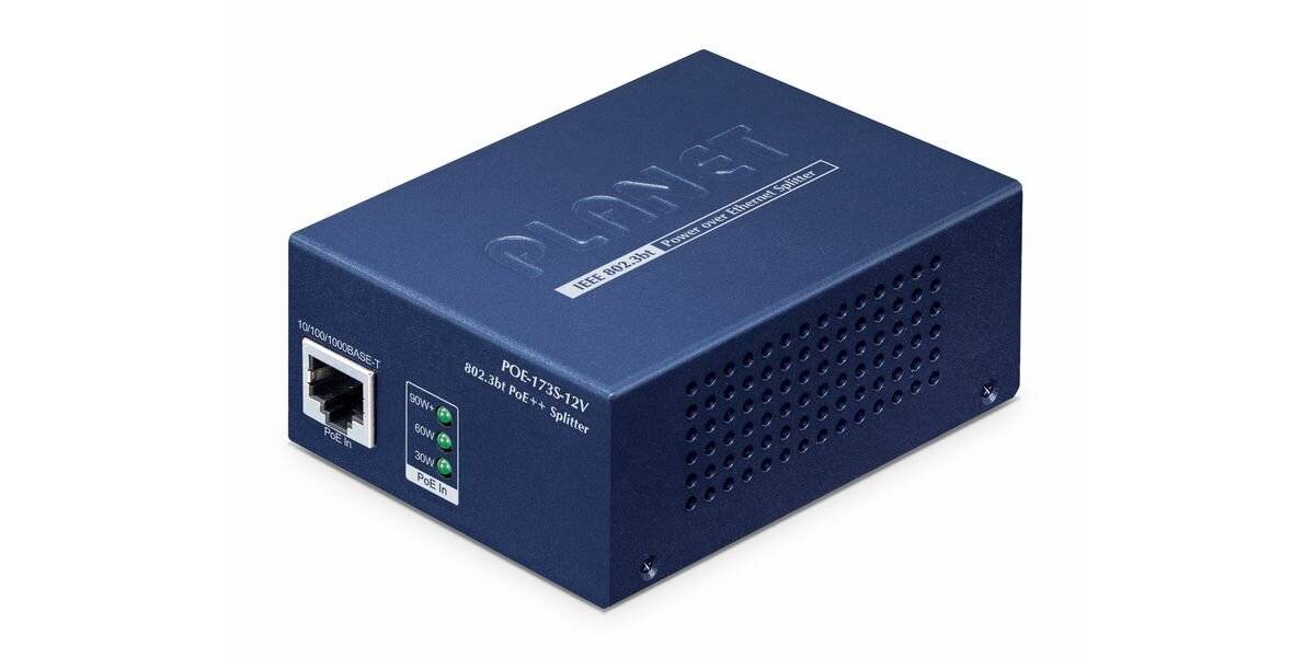 Blaue Ethernet-Stromeinspeisung mit RJ45-Anschluss und Status-LEDs auf der Frontplatte.