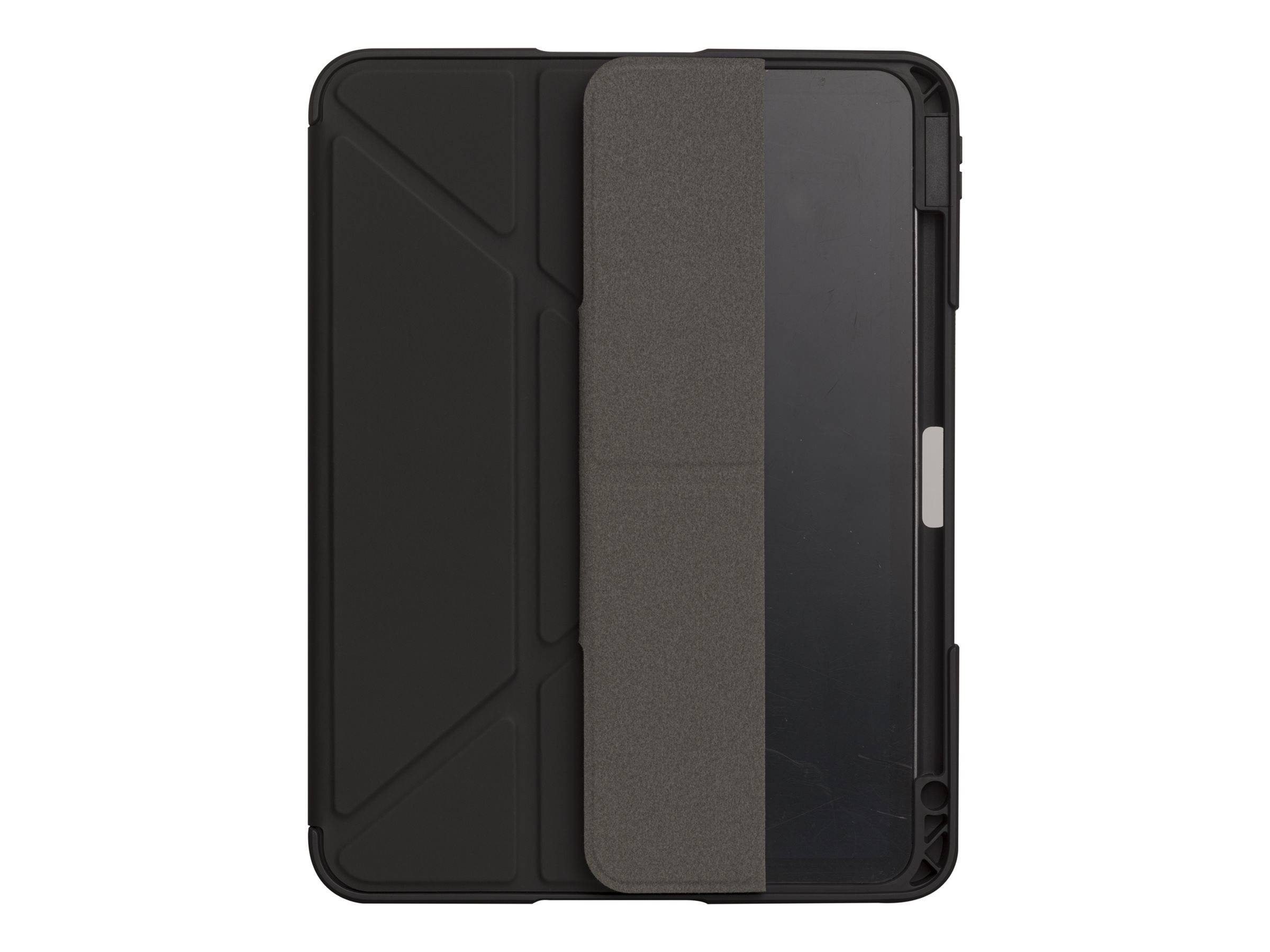 Ein schwarzes elektronisches Tablet mit einem teilweise geöffneten grauen Klappdeckel, der Bildschirmränder und Schutzhülle zeigt.