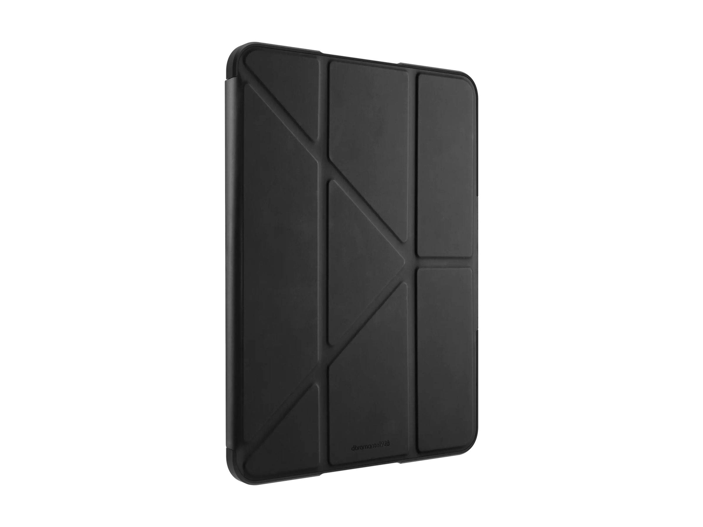 Schwarze iPad-Hülle mit geometrischem Muster, entwickelt für Schutz und Stil, in einer Seitenansicht vor einem einfarbigen weißen Hintergrund.
