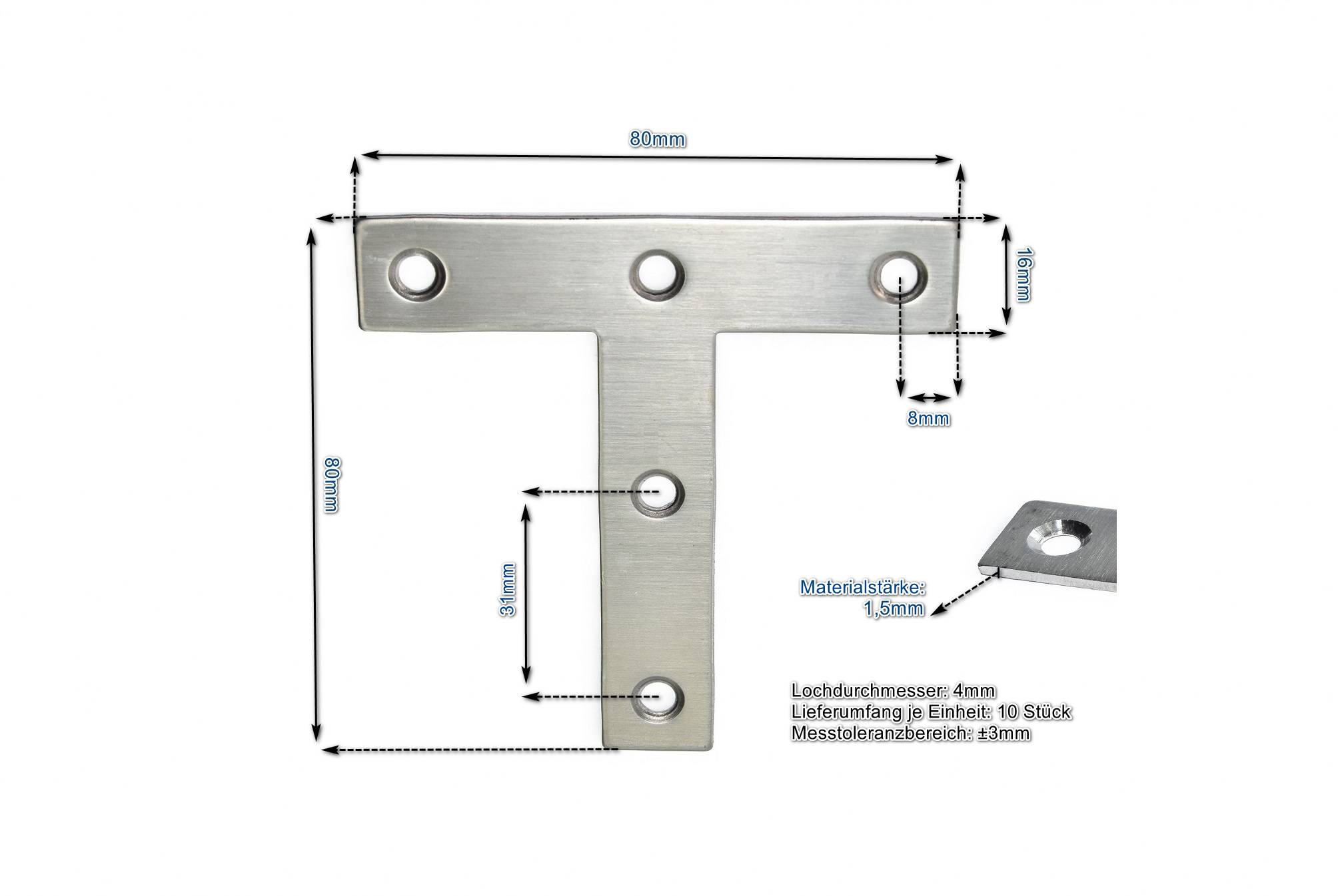 Edelstahl T-Verbinder 80x80x16mm (VE 10 Stück) Lochwinkel Montagewinkel Möbelbefestigung
