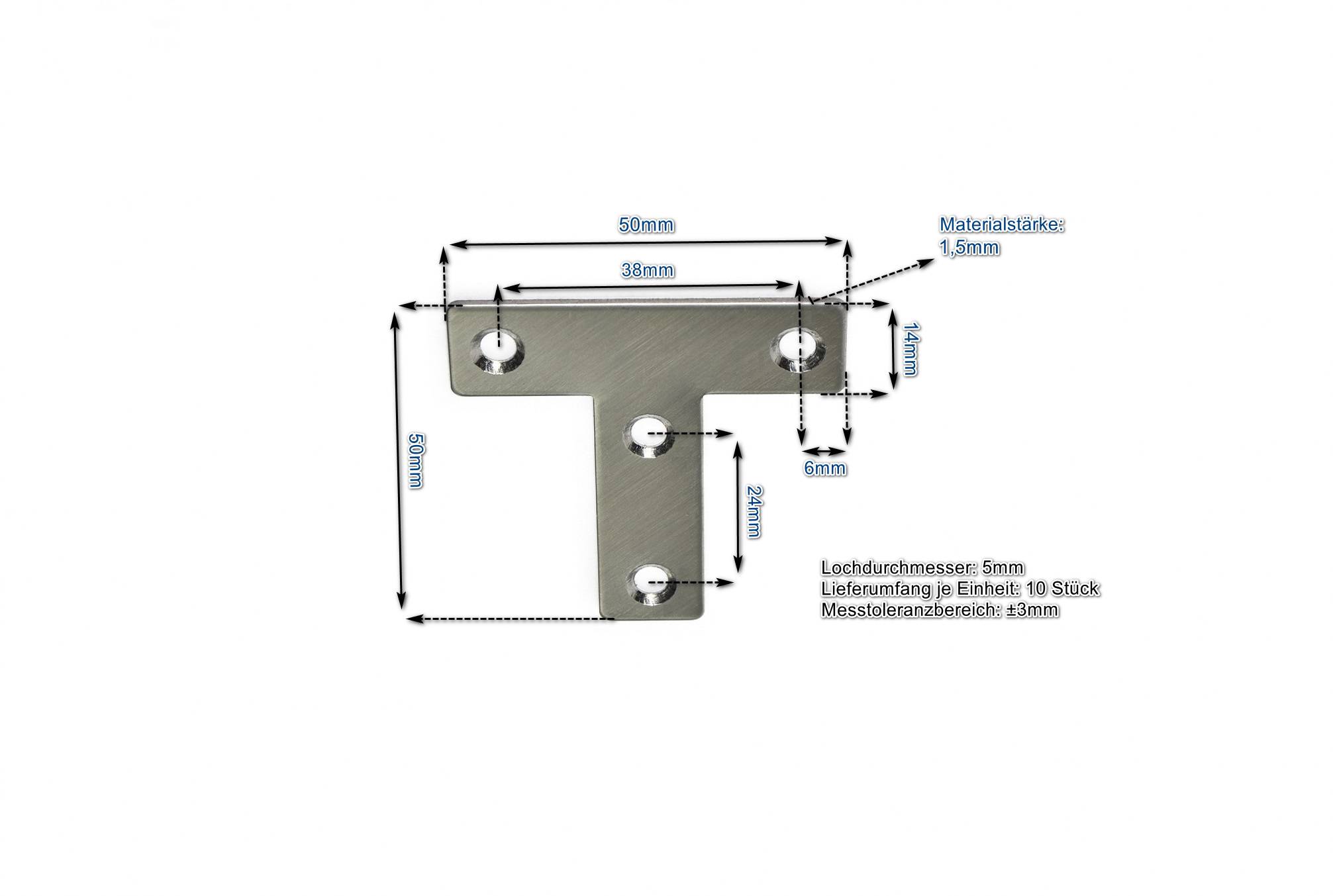 Edelstahl T-Verbinder 50x50x14mm (VE 10 Stück) Lochwinkel Montagewinkel Möbelbefestigung