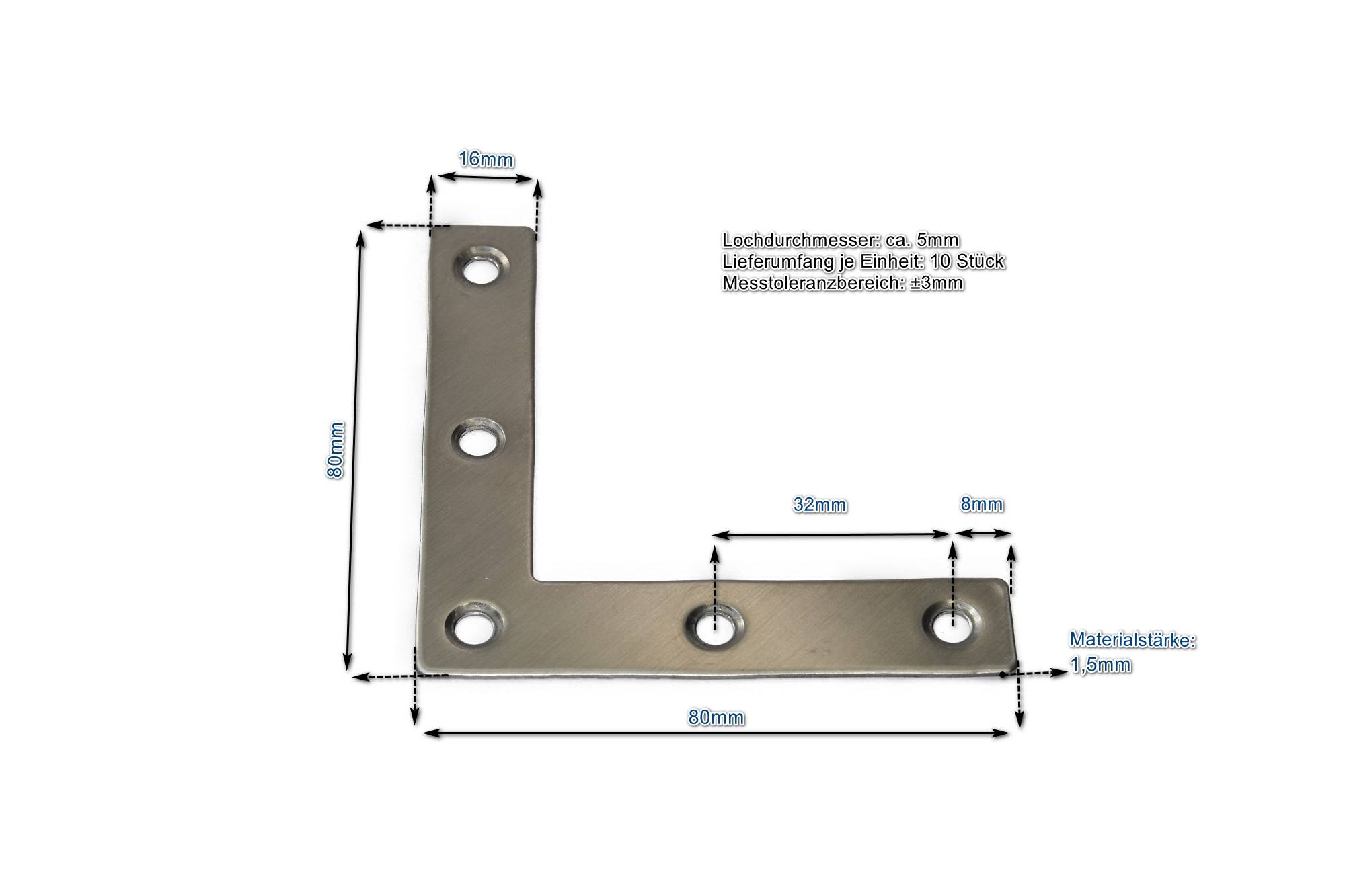 Edelstahl L-Verbinder 80x80x16mm (VE 10 Stück) Flachverbinder Lochplatte Platte Beschlag Möbelbefestigung