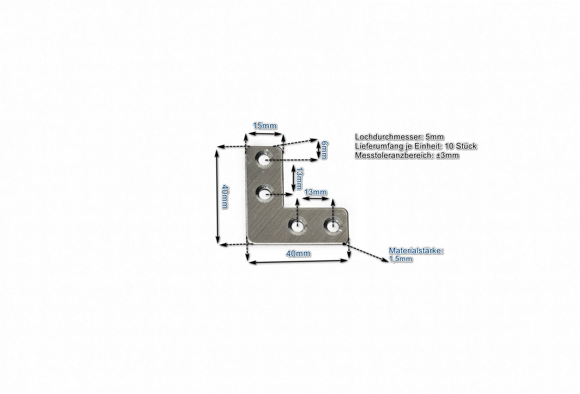 Edelstahl L-Verbinder 40x40x15mm (VE 10 Stück) Flachverbinder Lochplatte Platte Beschlag Möbelbefestigung