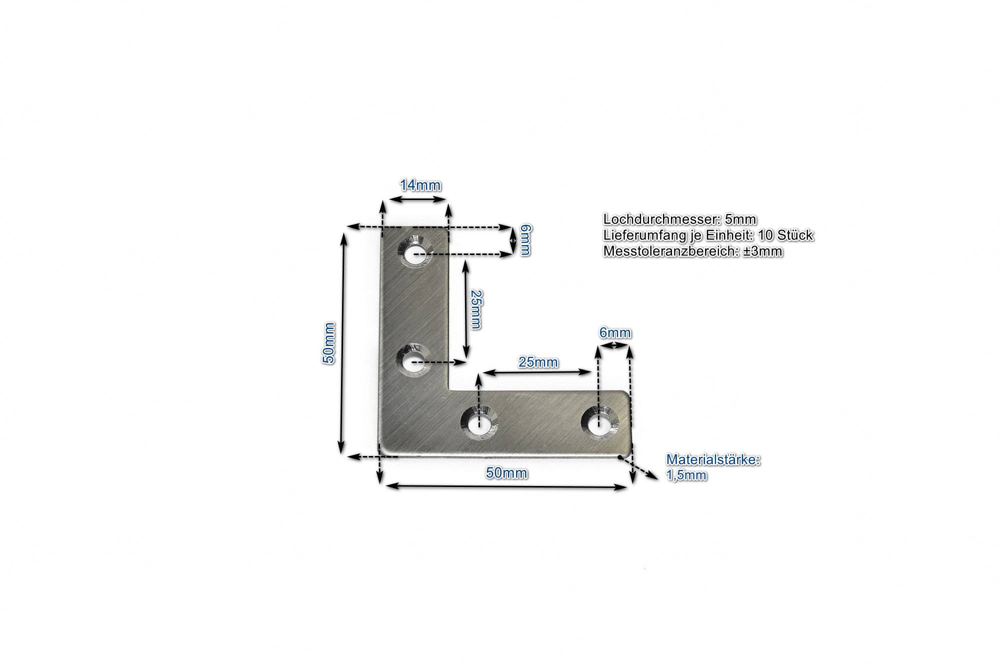 Edelstahl L-Verbinder 50x50x14mm (VE 10 Stück) Flachverbinder Lochplatte Platte Beschlag Möbelbefestigung