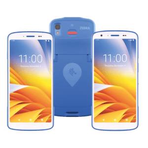 Zwei weiße Smartphones von vorne und von hinten gezeigt mit einem blauen Zebra-Gerät in der Mitte auf schwarzem Hintergrund.
