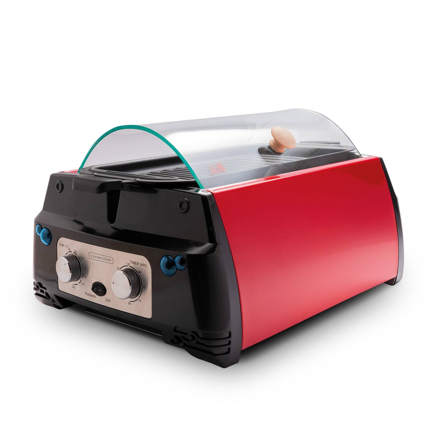 Livington Rotisserie Chef - Rot - Indoorgrill, Drehgrill & Tischgrill - Drehspieß für Hähnchen - Elektrogrill - Automatische Abschaltfunktion - Duo