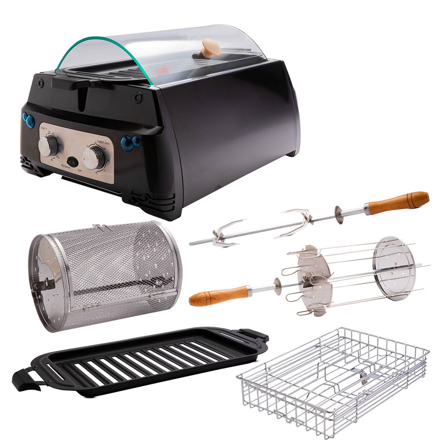 Livington Rotisserie Chef Mega Set - Indoorgrill, Drehgrill und Tischgrill mit umfangreichem Zubehör - Drehspieß für Hähnchen - Elektrogrill - Sch