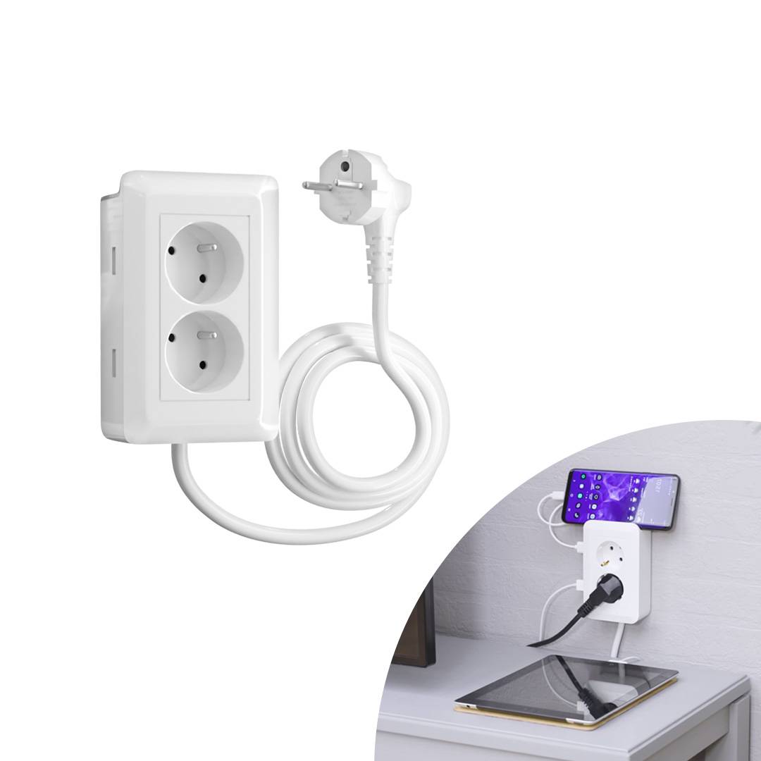 Presto Plug - Verteilersteckdose zum Kleben - Vergrößert die Reichweite Ihrer Steckdosen - 2-fach Steckdose mit 2 USB-Anschlüssen - inkl. Ablage