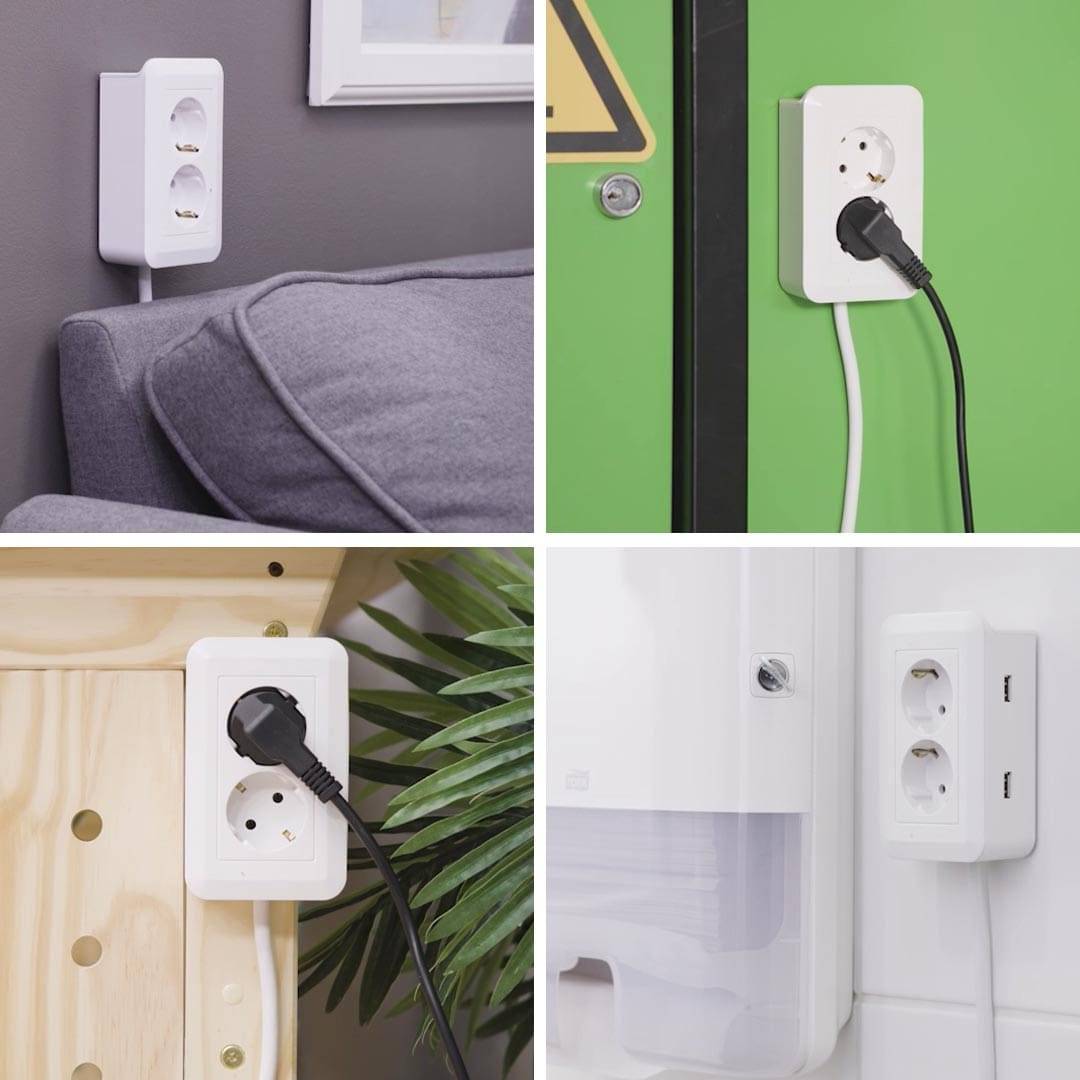 Presto Plug - Verteilersteckdose zum Kleben - Vergrößert die Reichweite Ihrer Steckdosen - 2-fach Steckdose mit 2 USB-Anschlüssen - inkl. Ablage